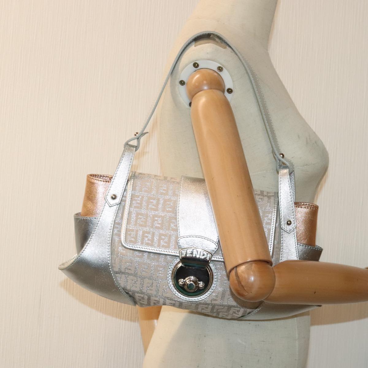 FENDI Zucchino Canvas Hand Bag Silver Blackyk14936