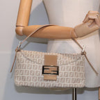 FENDI Zucchino Canvas Mamma Baguette Shoulder Bag Beige Goldyk15046A