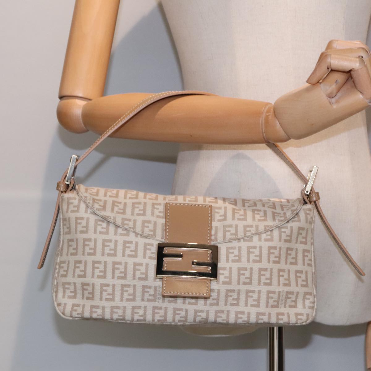 FENDI Zucchino Canvas Mamma Baguette Shoulder Bag Beige Goldyk15046A