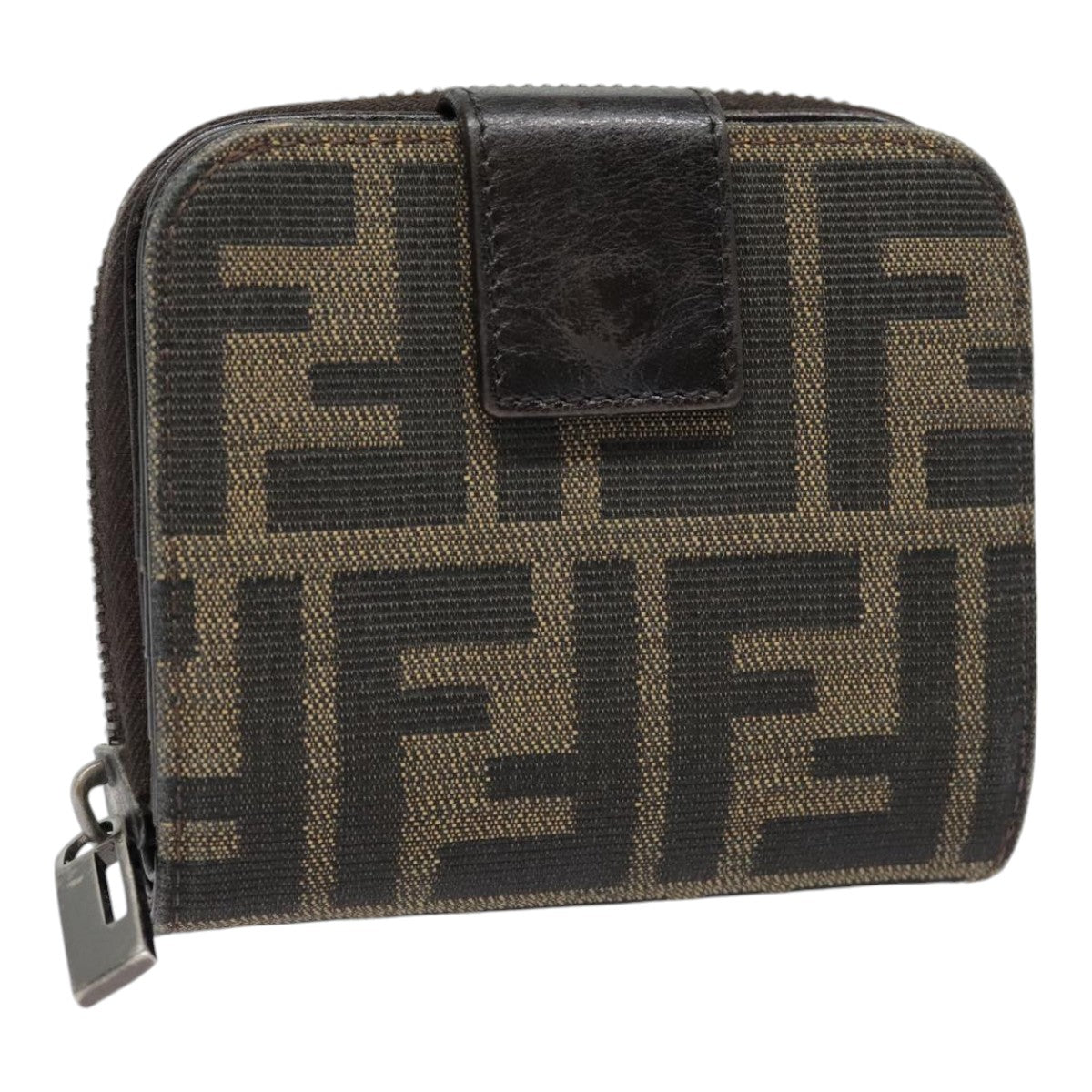 FENDI Zucca Canvas Compact Wallet Black Brown Silveryk15087