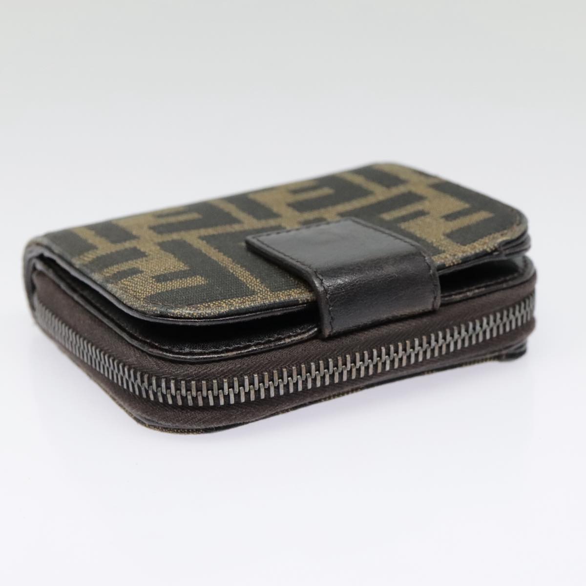 FENDI Zucca Canvas Compact Wallet Black Brown Silveryk15087