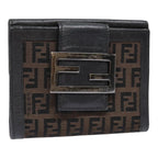 FENDI Zucchino Canvas Compact Wallet Black Brown Silveryk15088