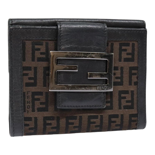 FENDI Zucchino Canvas Compact Wallet Black Brown Silveryk15088