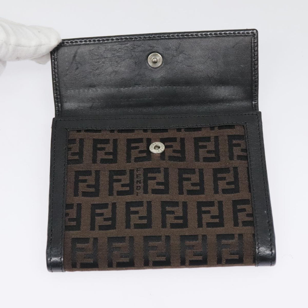 FENDI Zucchino Canvas Compact Wallet Black Brown Silveryk15088