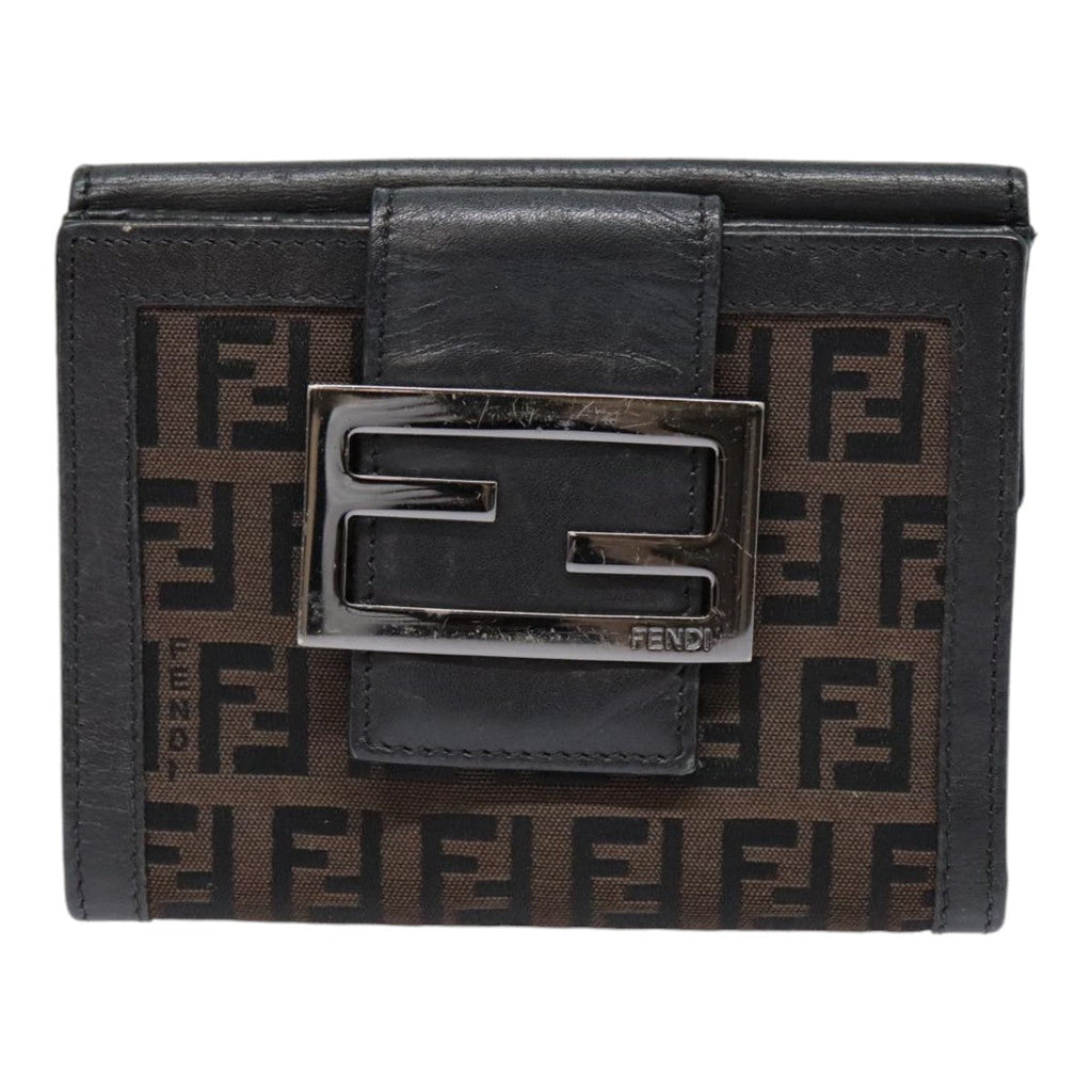 FENDI Zucchino Canvas Compact Wallet Black Brown Silveryk15088