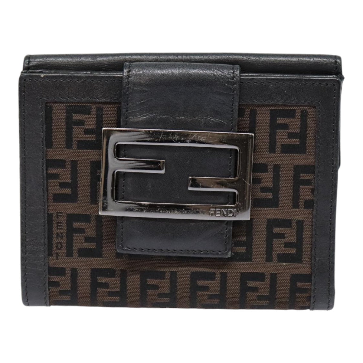 FENDI Zucchino Canvas Compact Wallet Black Brown Silveryk15088