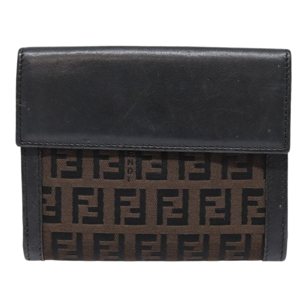 FENDI Zucchino Canvas Compact Wallet Black Brown Silveryk15088