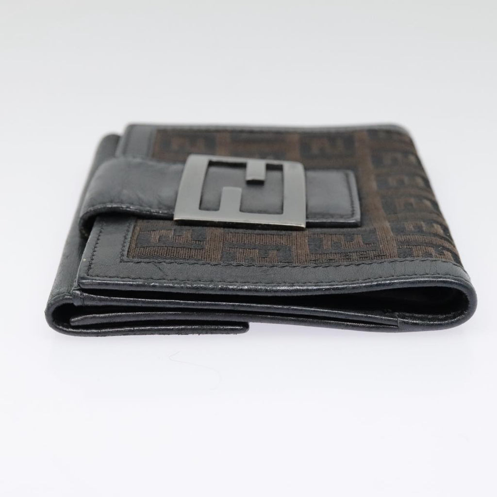 FENDI Zucchino Canvas Compact Wallet Black Brown Silveryk15088