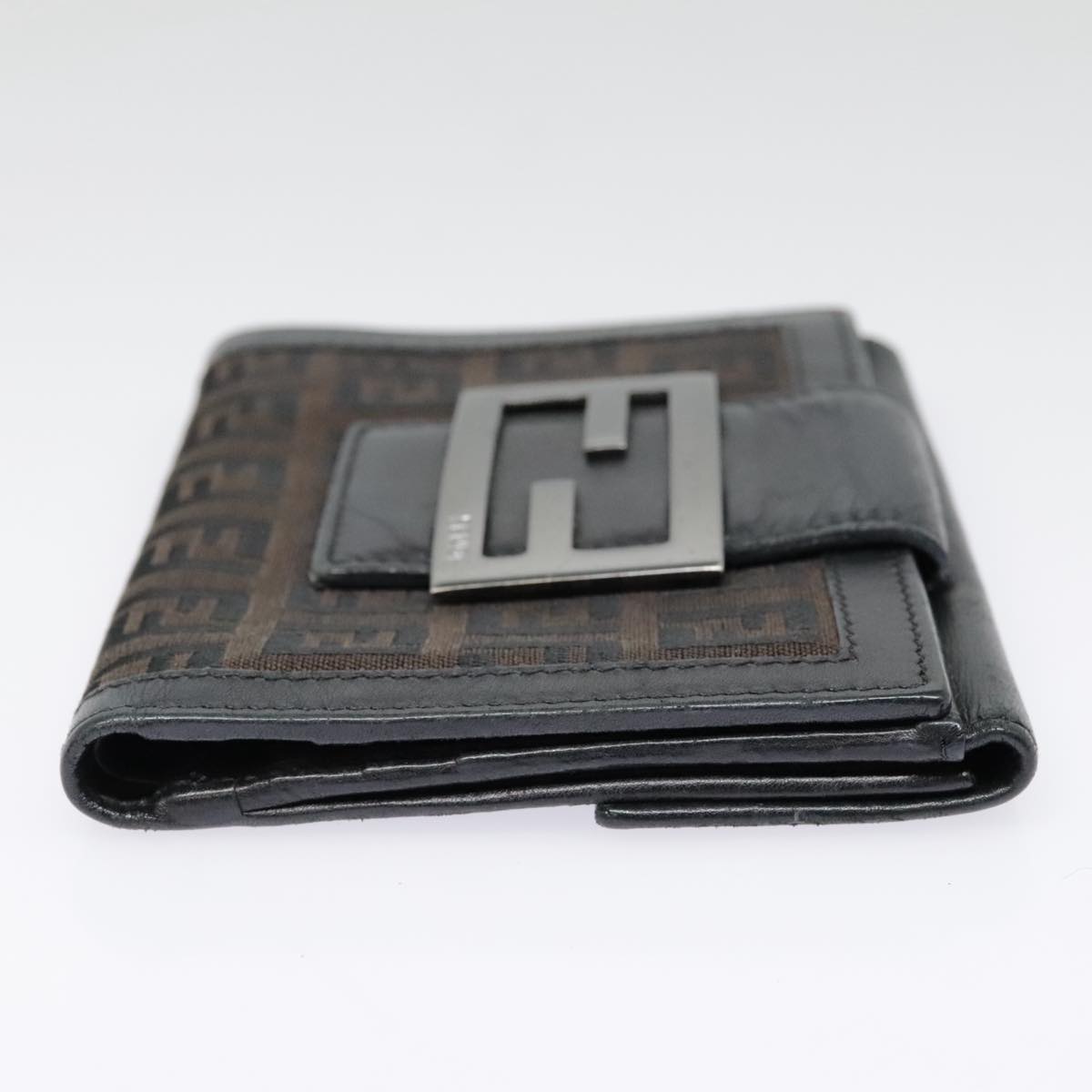FENDI Zucchino Canvas Compact Wallet Black Brown Silveryk15088