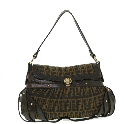 FENDI Zucca Canvas Turn Lock Shoulder Bag Black Brownyk8162