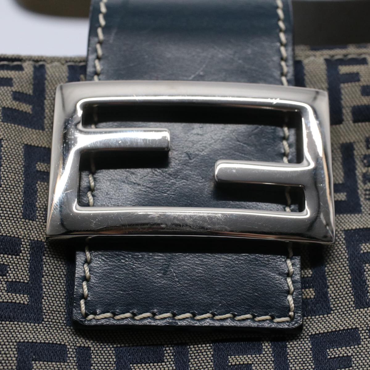 FENDI Zucchino Canvas Mamma Baguette Shoulder Bag Gray Navyyk8484