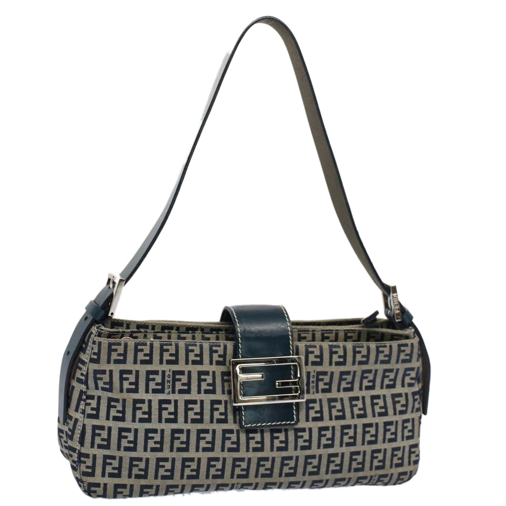 FENDI Zucchino Canvas Mamma Baguette Shoulder Bag Gray Navyyk8484
