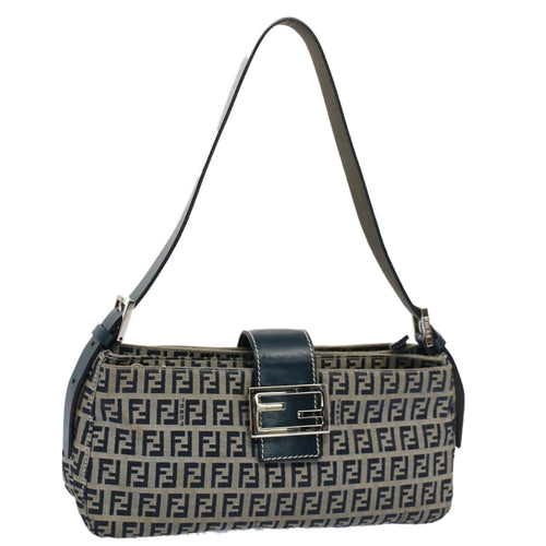 FENDI Zucchino Canvas Mamma Baguette Shoulder Bag Gray Navyyk8484