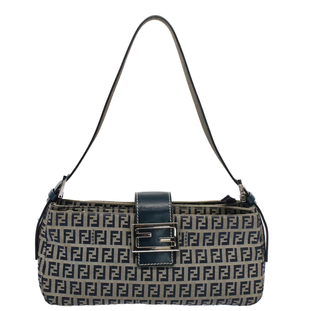 FENDI Zucchino Canvas Mamma Baguette Shoulder Bag Gray Navyyk8484