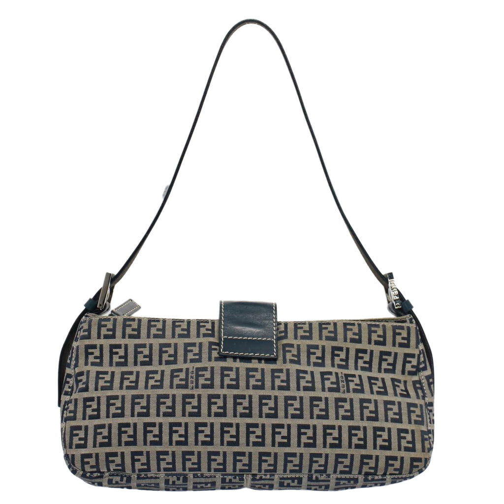 FENDI Zucchino Canvas Mamma Baguette Shoulder Bag Gray Navyyk8484