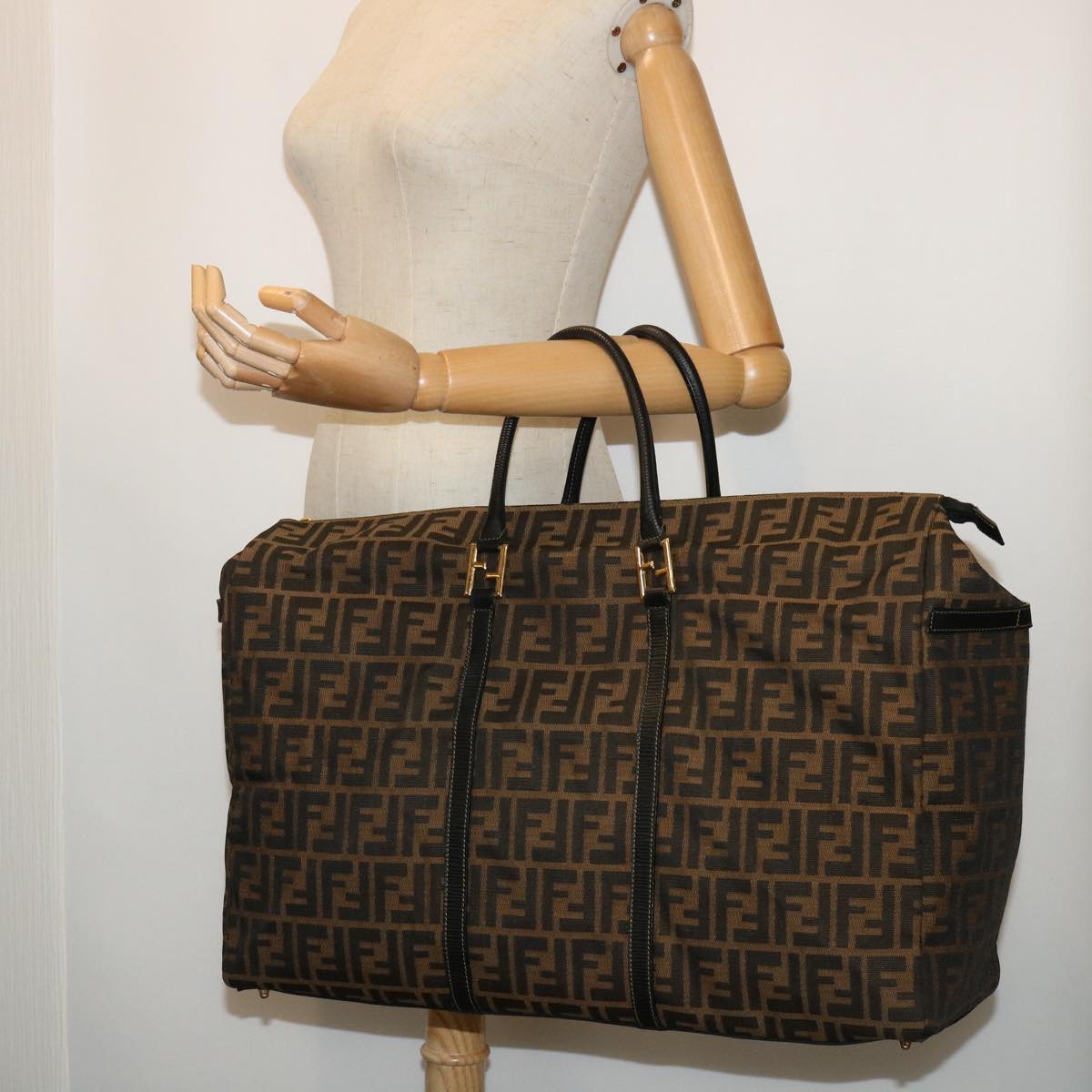 FENDI Zucca Canvas Boston Bag Brown Blackyk8493