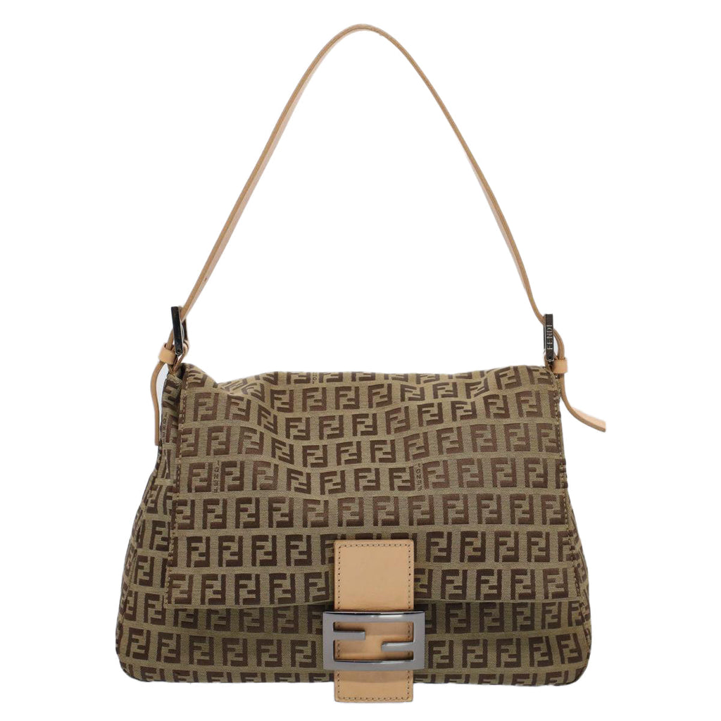 FENDI Zucchino Canvas Mamma Baguette Shoulder Bag Beigeyk8498