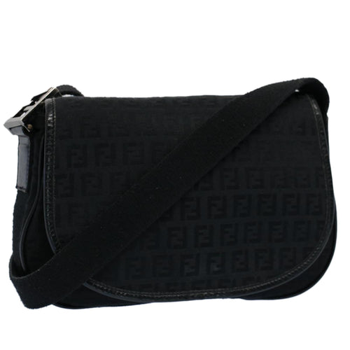 FENDI Zucchino Canvas Shoulder Bag Blackyk8645