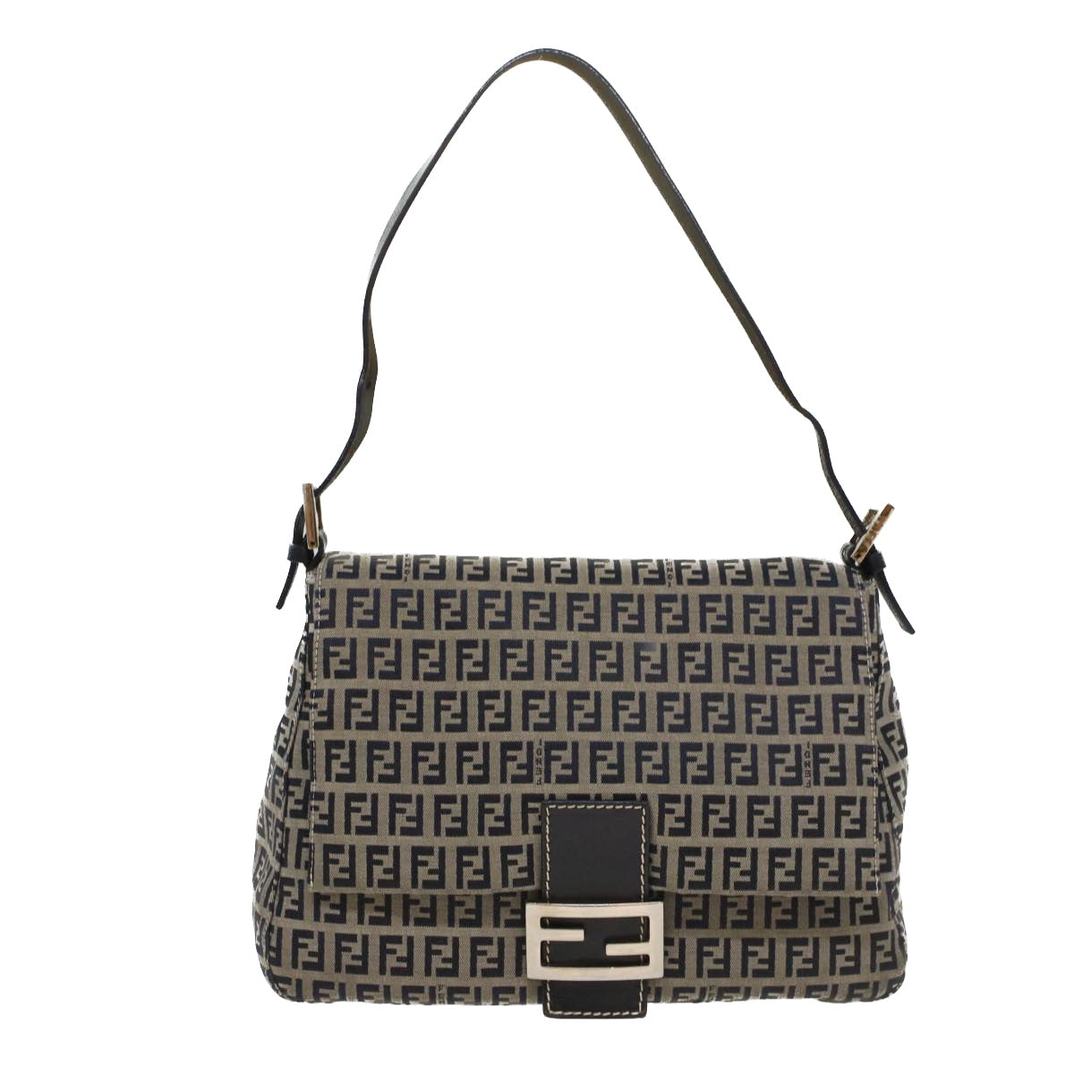 FENDI Zucchino Canvas Mamma Baguette Shoulder Bag Navyyk8650