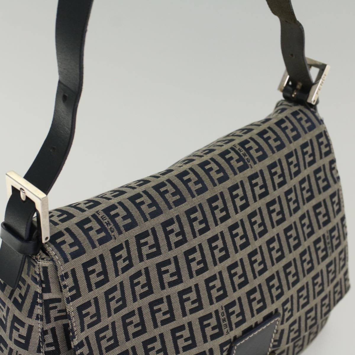 FENDI Zucchino Canvas Mamma Baguette Shoulder Bag Navyyk8650