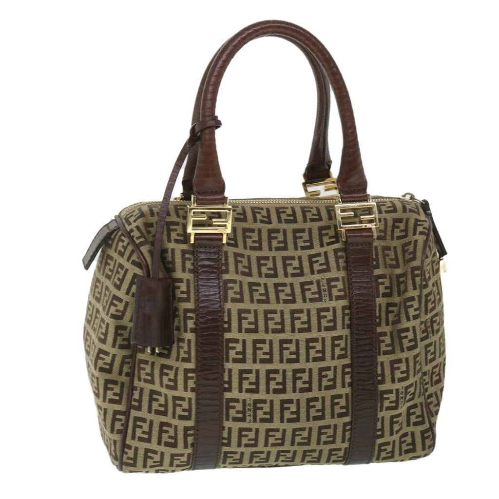 FENDI Zucchino Canvas Boston Bag Leather Beigeyk8979