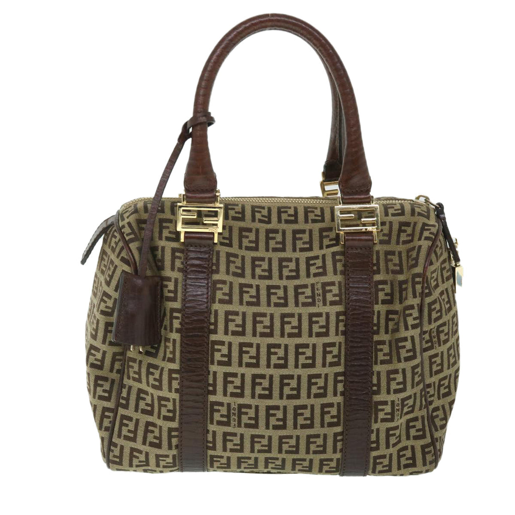 FENDI Zucchino Canvas Boston Bag Leather Beigeyk8979
