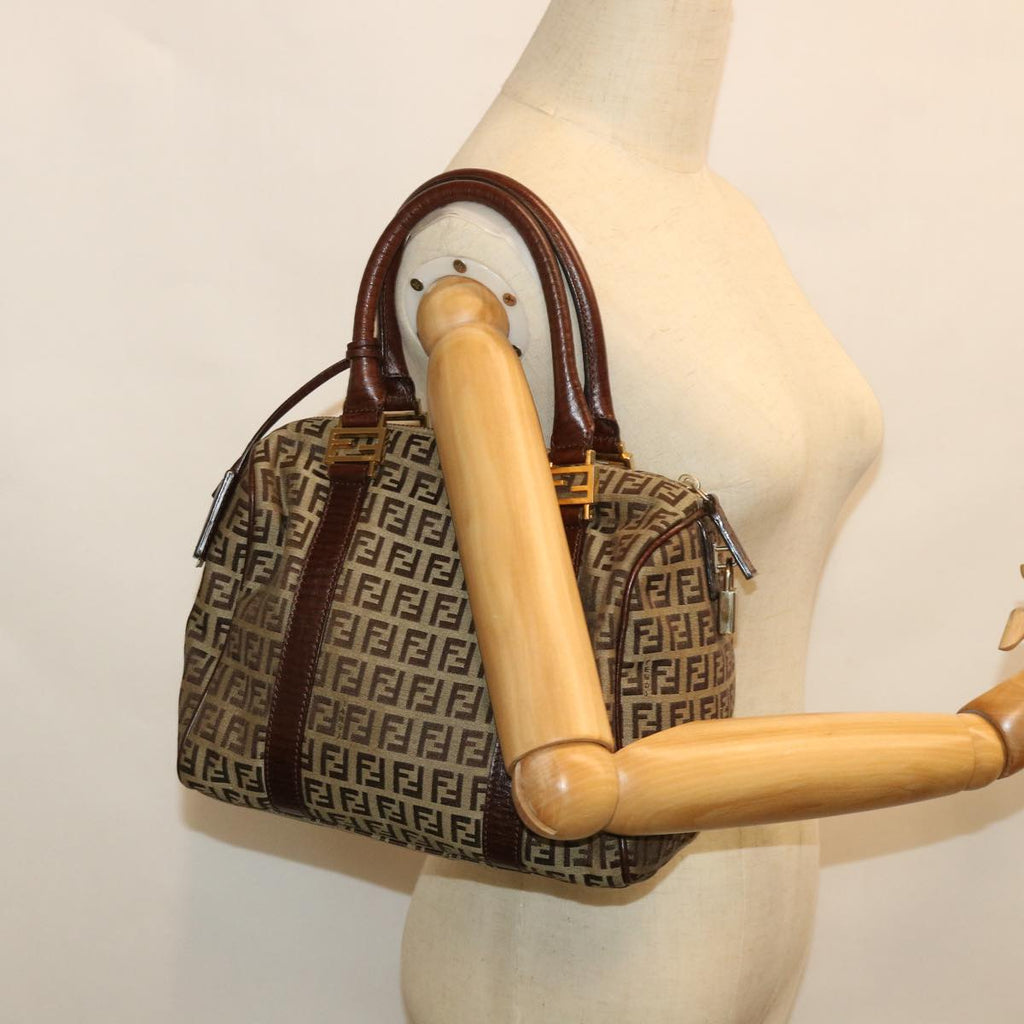 FENDI Zucchino Canvas Boston Bag Leather Beigeyk8979