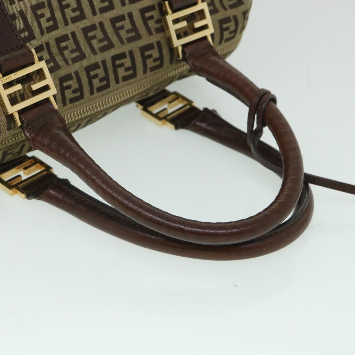 FENDI Zucchino Canvas Boston Bag Leather Beigeyk8979