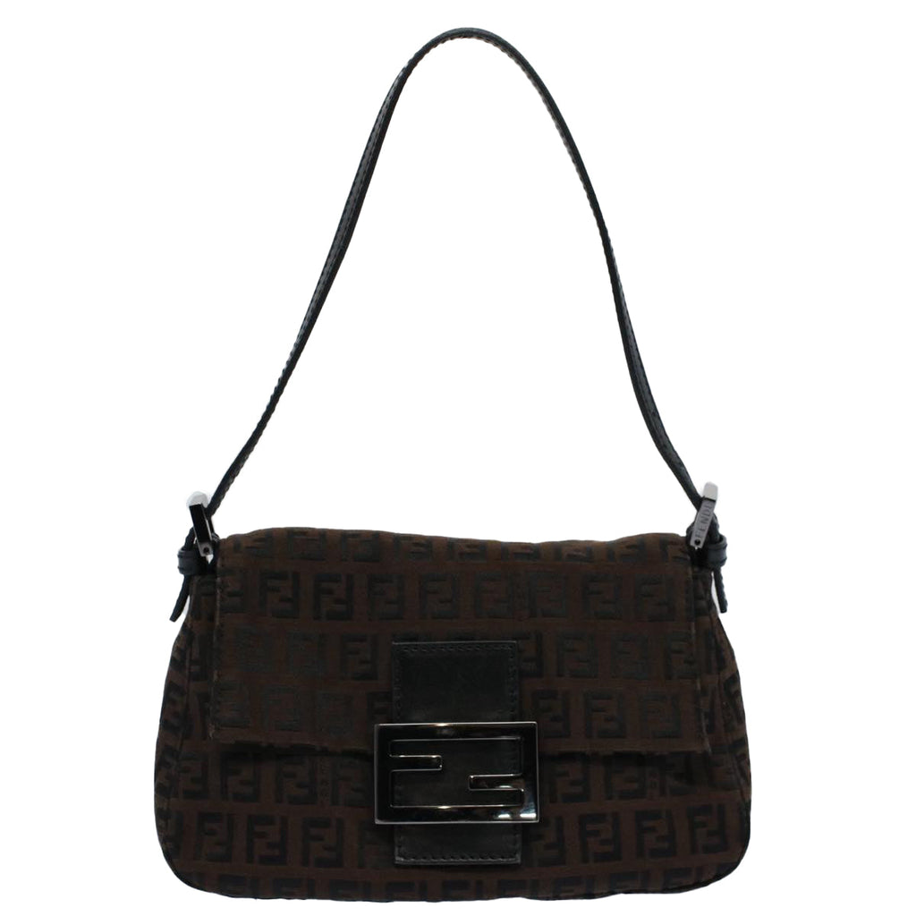 FENDI Zucchino Canvas Mini Mamma Baguette Shoulder Bag Brownyk9034