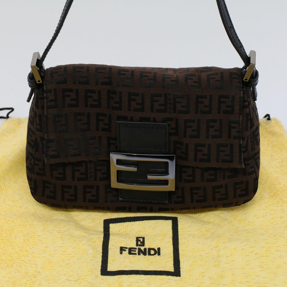 FENDI Zucchino Canvas Mini Mamma Baguette Shoulder Bag Brownyk9034
