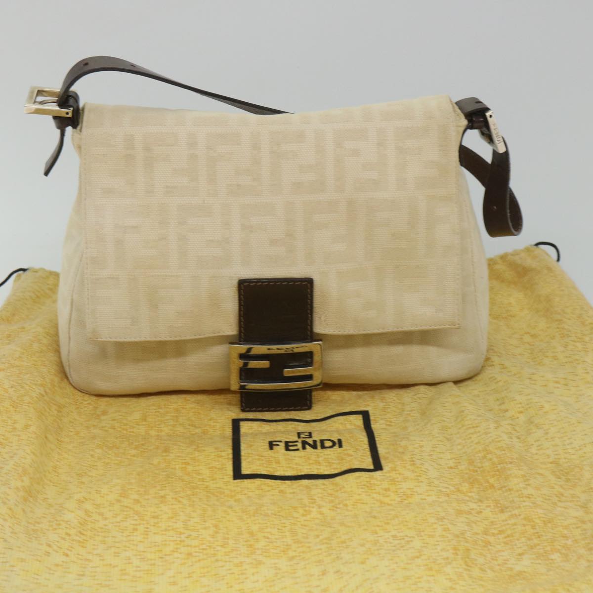 FENDI Zucca Canvas Mamma Baguette Shoulder Bag Beigeyk9224