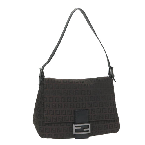 FENDI Zucchino Canvas Mamma Baguette Shoulder Bag Blackyk9359