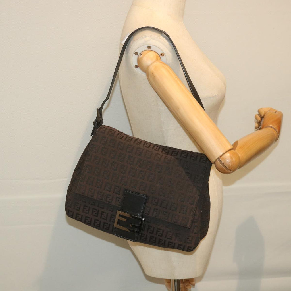 FENDI Zucchino Canvas Mamma Baguette Shoulder Bag Blackyk9359