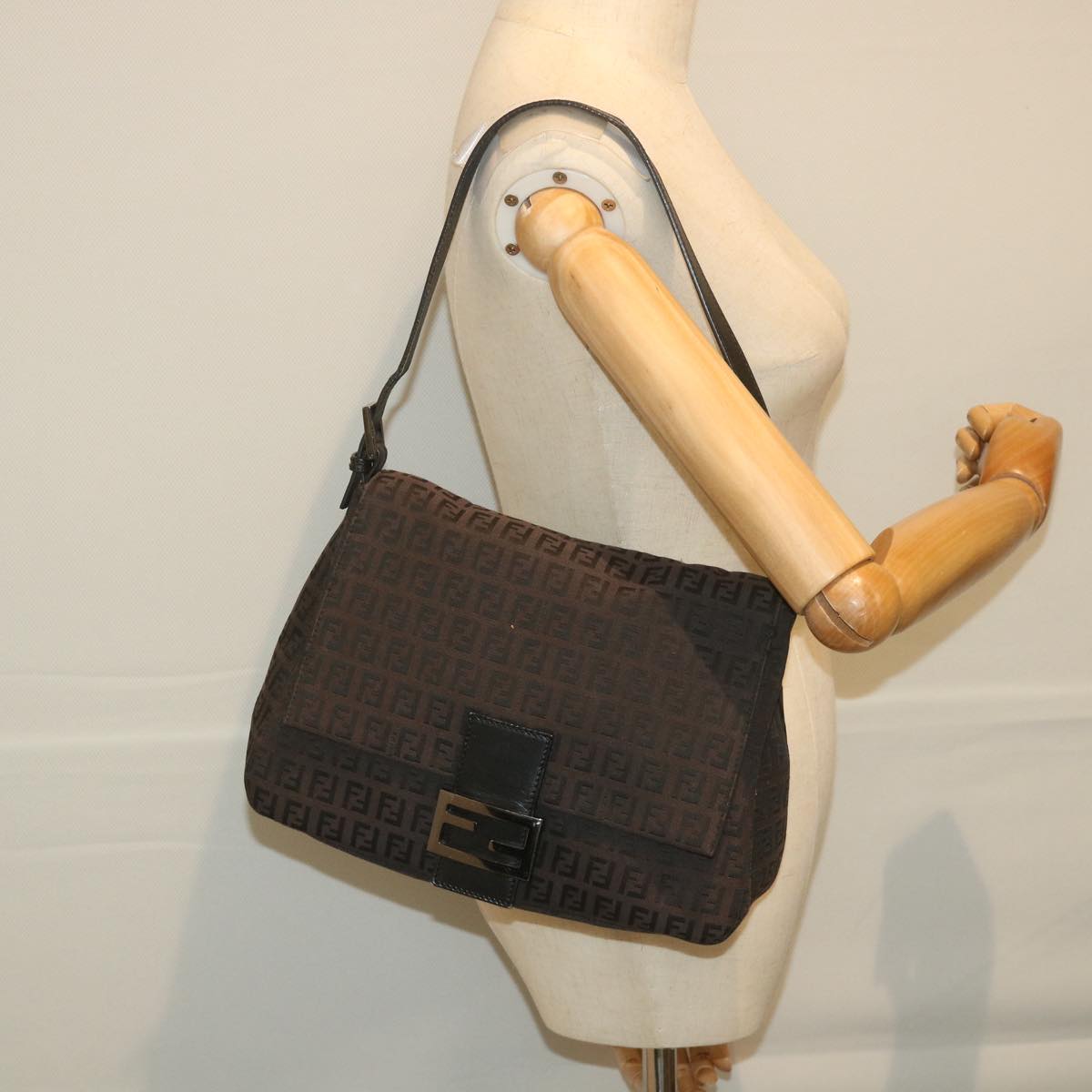 FENDI Zucchino Canvas Mamma Baguette Shoulder Bag Blackyk9359