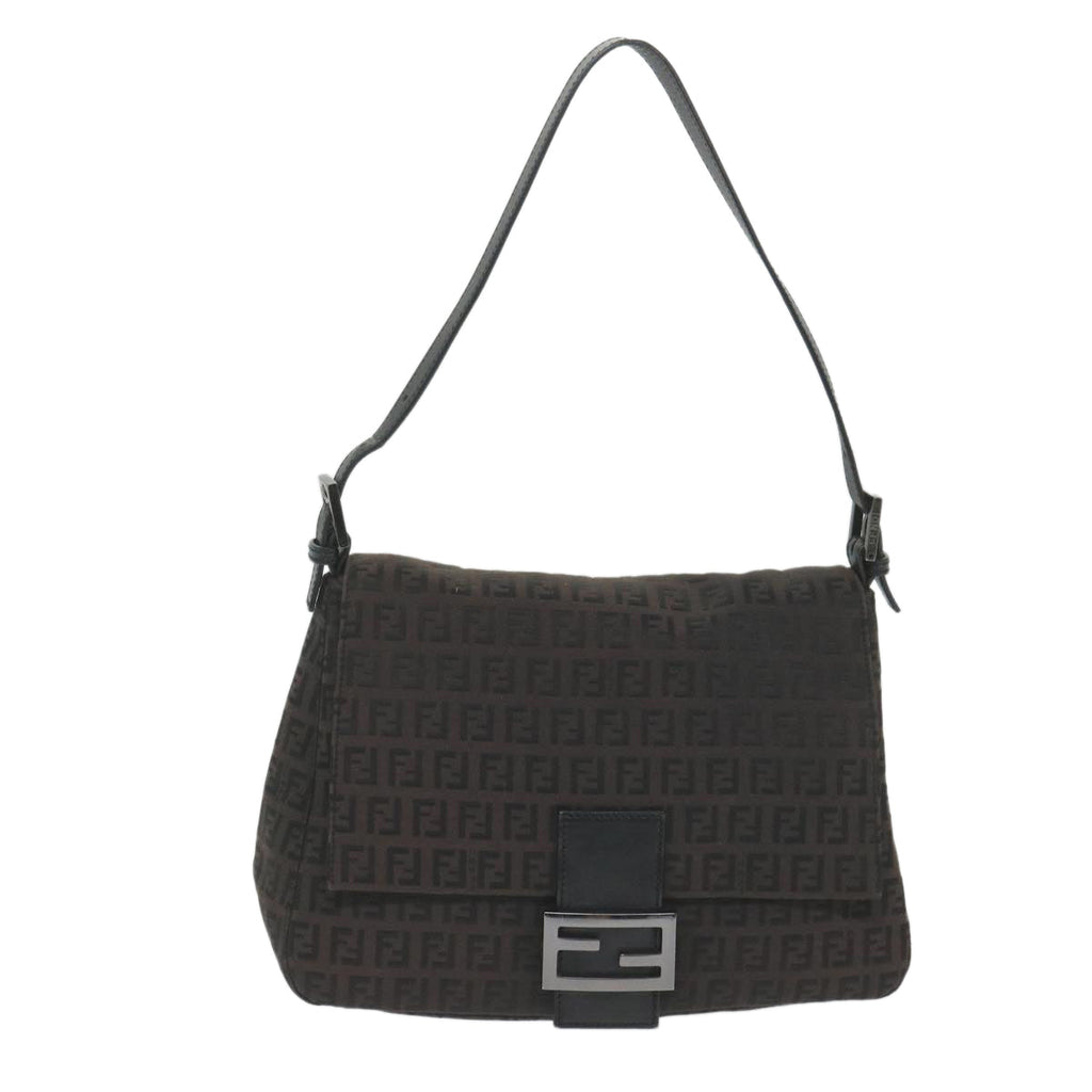 FENDI Zucchino Canvas Mamma Baguette Shoulder Bag Blackyk9359