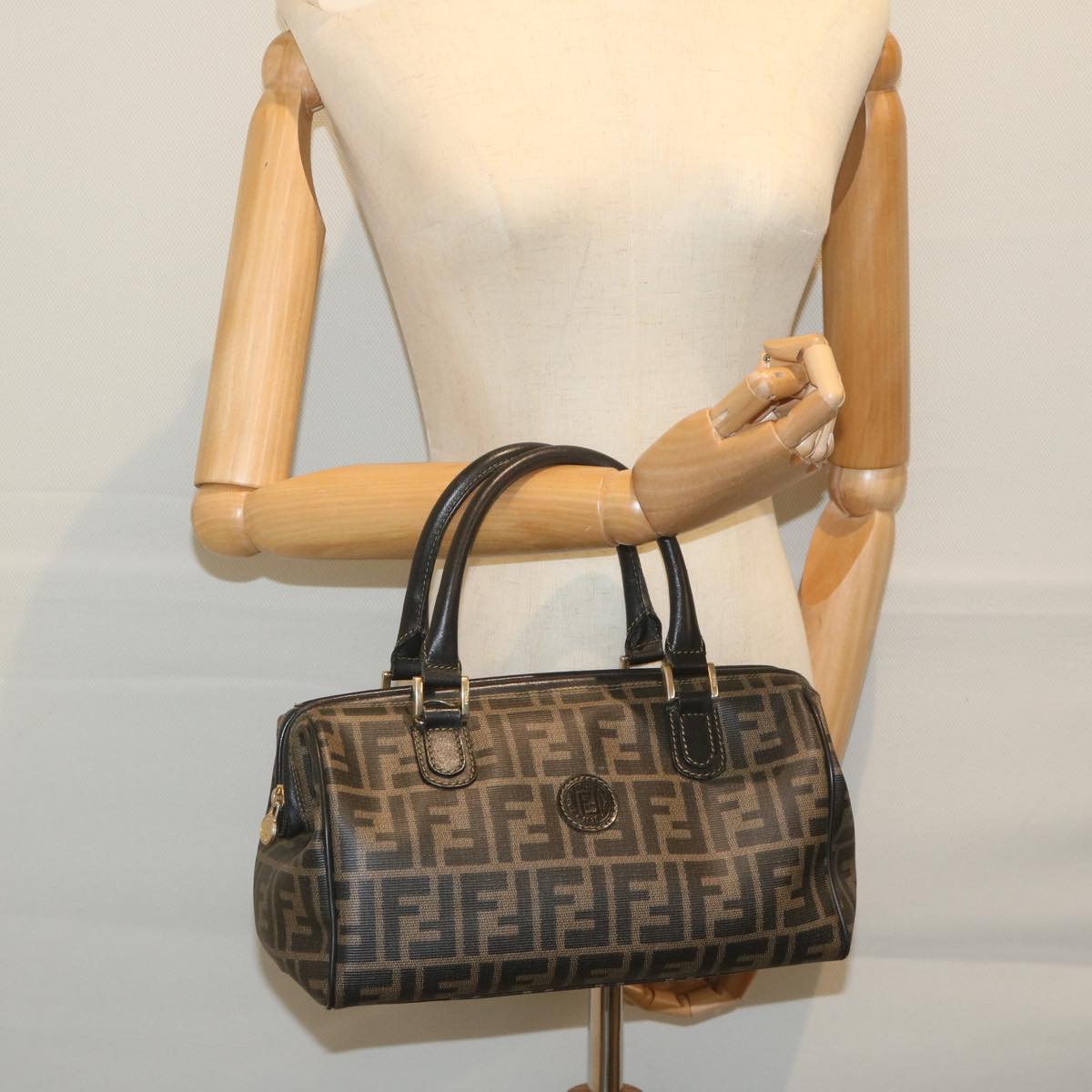 FENDI Zucca Canvas Boston Bag Black Brownyk9674